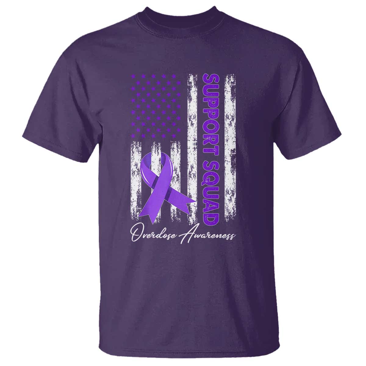 Support Squad Overdose Awareness T Shirt Purple Ribbon American Flag Graphic