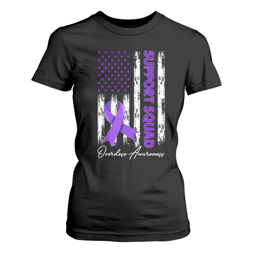 Support Squad Overdose Awareness T Shirt For Women Purple Ribbon American Flag Graphic