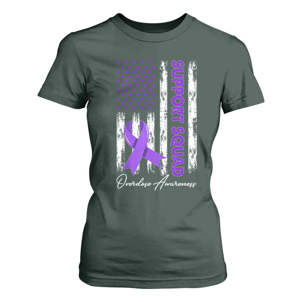 Support Squad Overdose Awareness T Shirt For Women Purple Ribbon American Flag Graphic