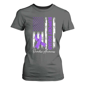 Support Squad Overdose Awareness T Shirt For Women Purple Ribbon American Flag Graphic