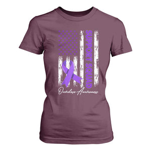 Support Squad Overdose Awareness T Shirt For Women Purple Ribbon American Flag Graphic