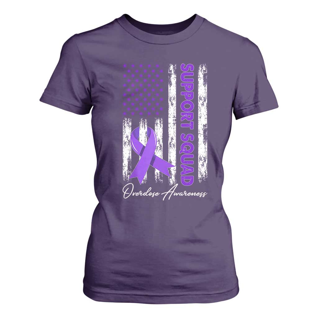 Support Squad Overdose Awareness T Shirt For Women Purple Ribbon American Flag Graphic