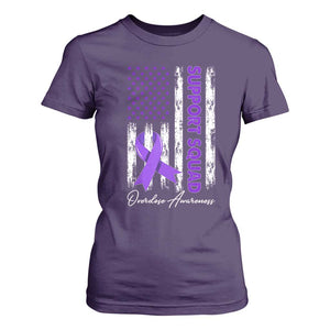 Support Squad Overdose Awareness T Shirt For Women Purple Ribbon American Flag Graphic