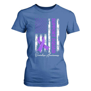 Support Squad Overdose Awareness T Shirt For Women Purple Ribbon American Flag Graphic