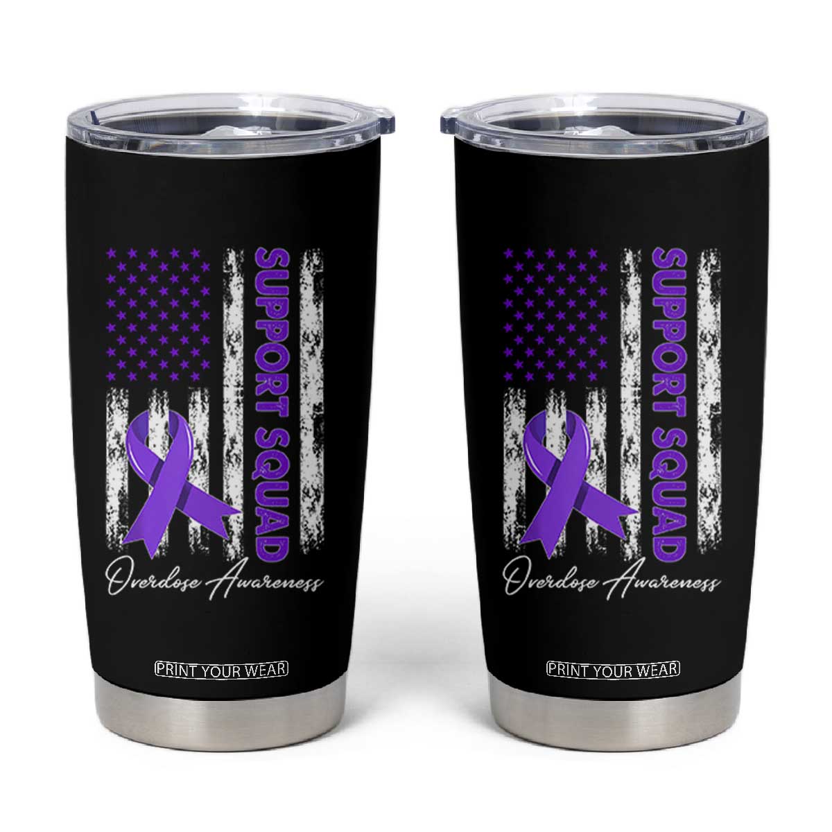 Support Squad Overdose Awareness Tumbler Cup Purple Ribbon American Flag Graphic