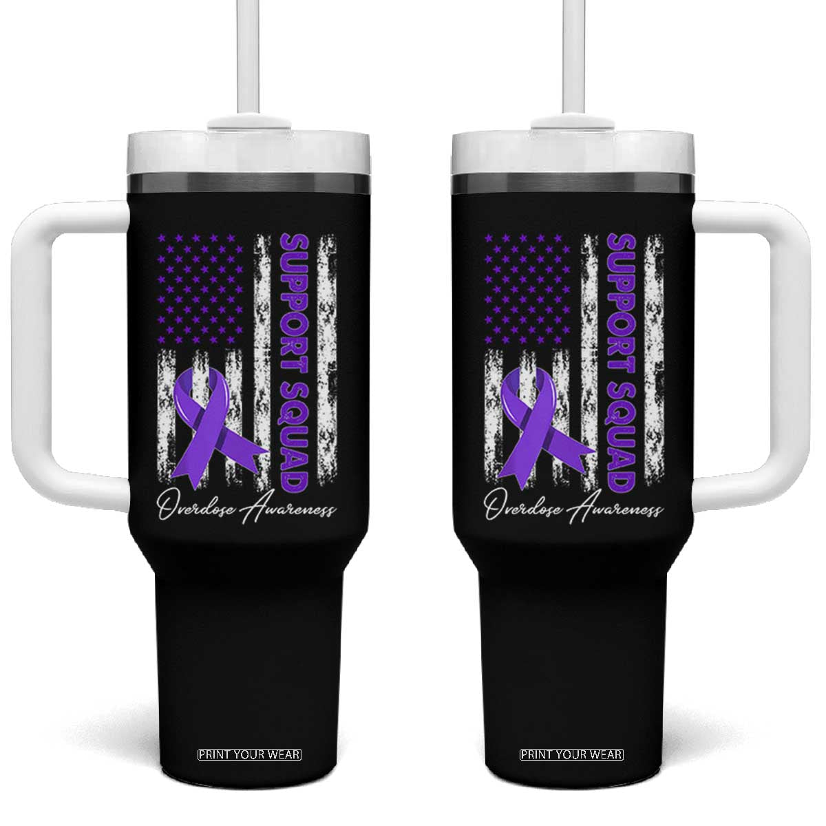 Support Squad Overdose Awareness Tumbler With Handle Purple Ribbon American Flag Graphic