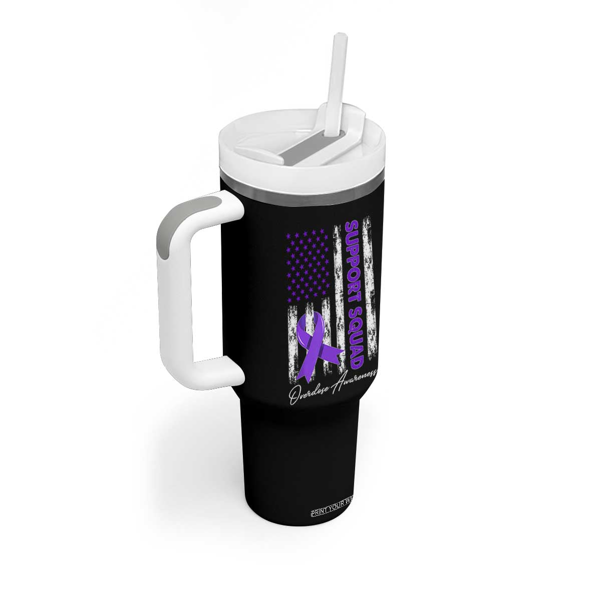 Support Squad Overdose Awareness Tumbler With Handle Purple Ribbon American Flag Graphic