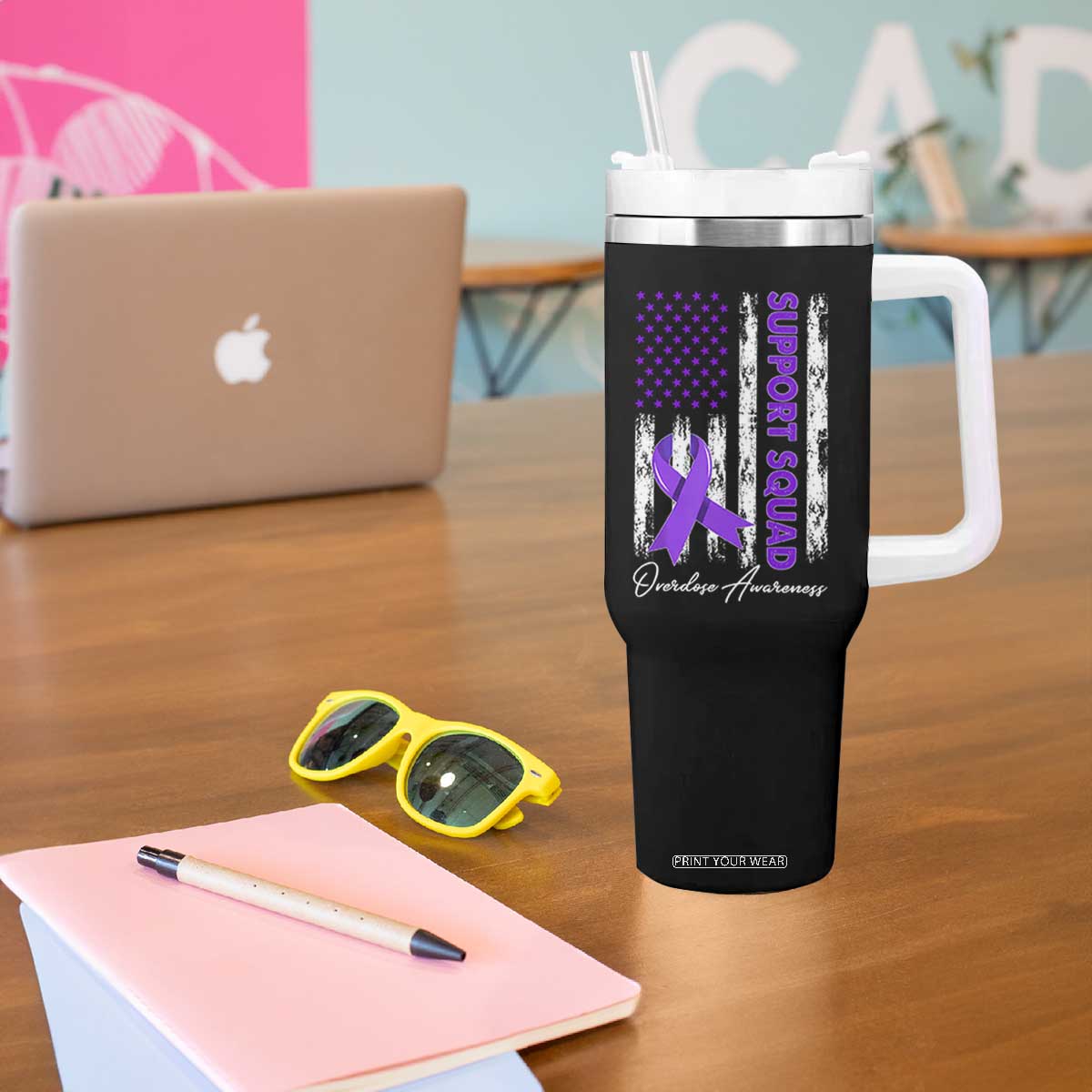 Support Squad Overdose Awareness Tumbler With Handle Purple Ribbon American Flag Graphic