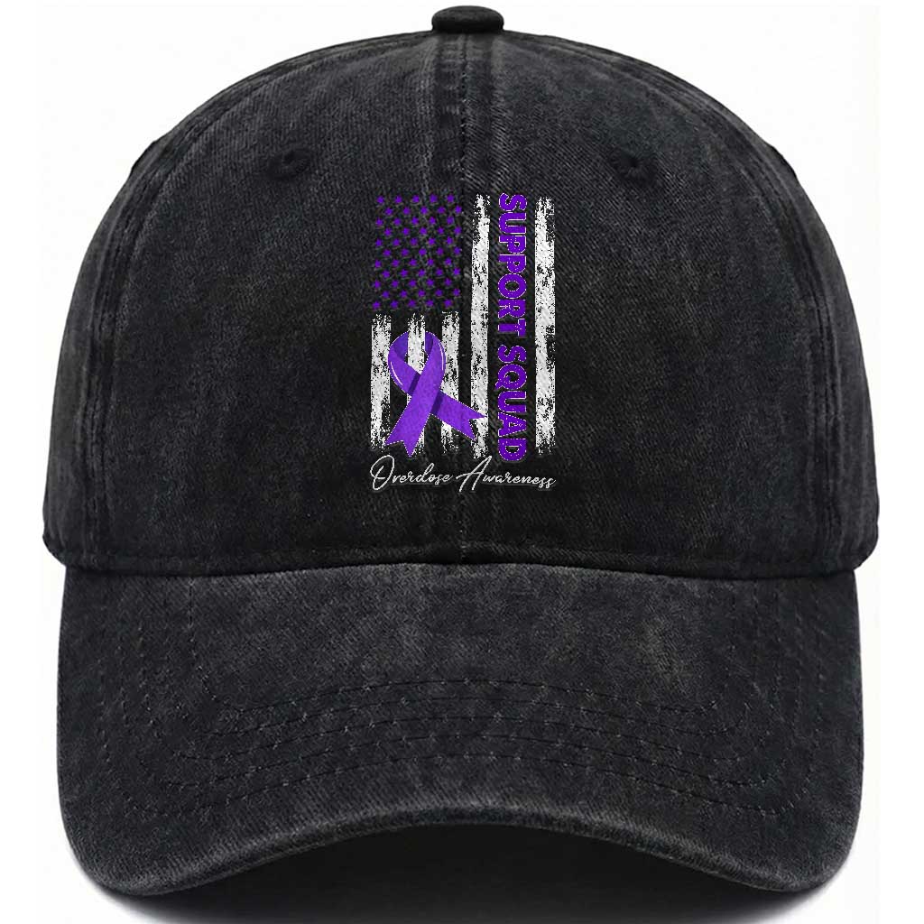 Support Squad Overdose Awareness Washed Cotton Baseball Cap Purple Ribbon American Flag Graphic TS10 Print Your Wear