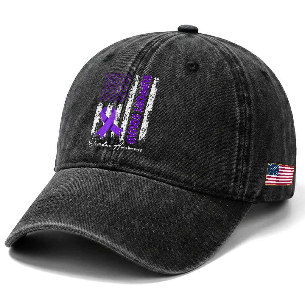 Support Squad Overdose Awareness Washed Cotton Baseball Cap Purple Ribbon American Flag Graphic