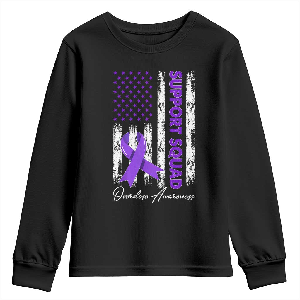 Support Squad Overdose Awareness Youth Sweatshirt Purple Ribbon American Flag Graphic TS10 Black Print Your Wear