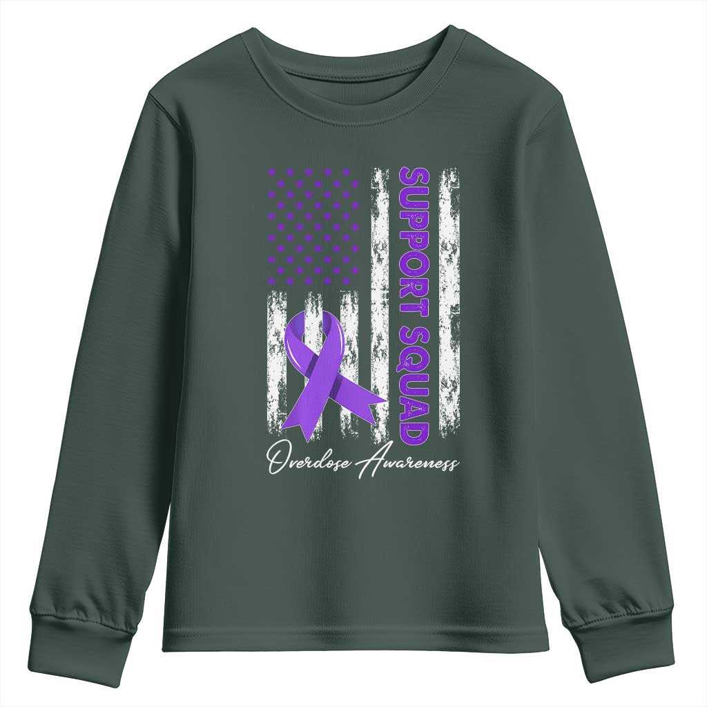 Support Squad Overdose Awareness Youth Sweatshirt Purple Ribbon American Flag Graphic