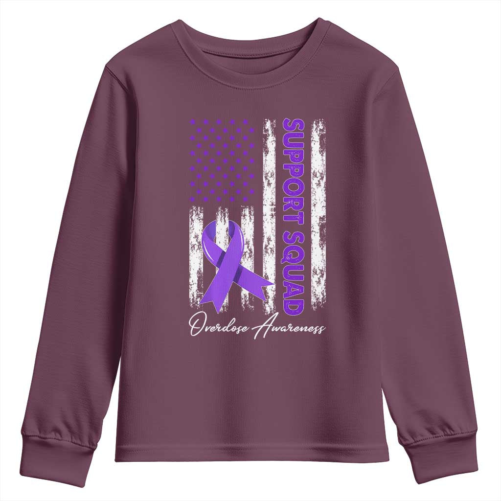 Support Squad Overdose Awareness Youth Sweatshirt Purple Ribbon American Flag Graphic