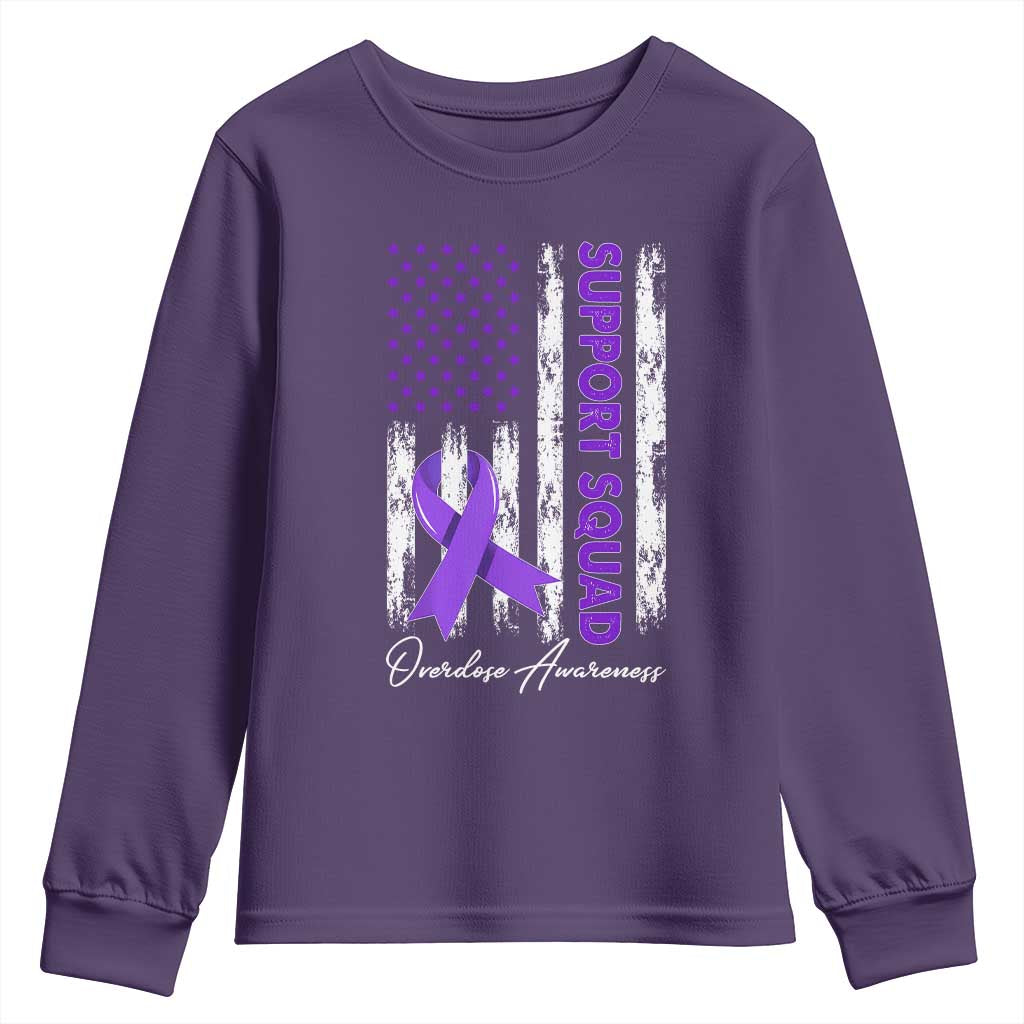 Support Squad Overdose Awareness Youth Sweatshirt Purple Ribbon American Flag Graphic