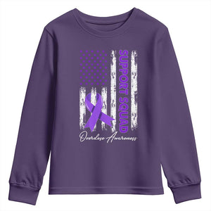 Support Squad Overdose Awareness Youth Sweatshirt Purple Ribbon American Flag Graphic