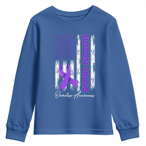 Support Squad Overdose Awareness Youth Sweatshirt Purple Ribbon American Flag Graphic