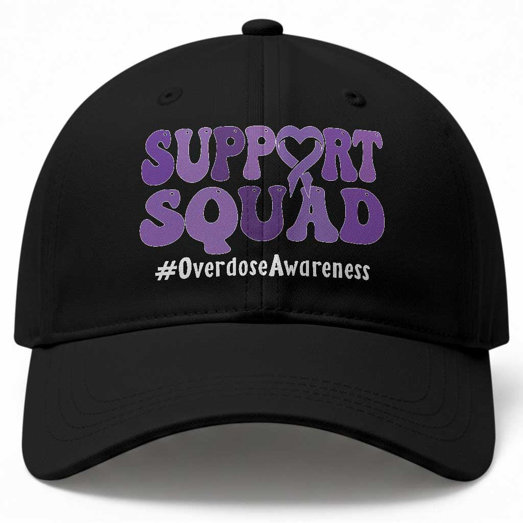 Support Squad Overdose Awareness Baseball Cap Purple Ribbon Groovy Typography Graphic
