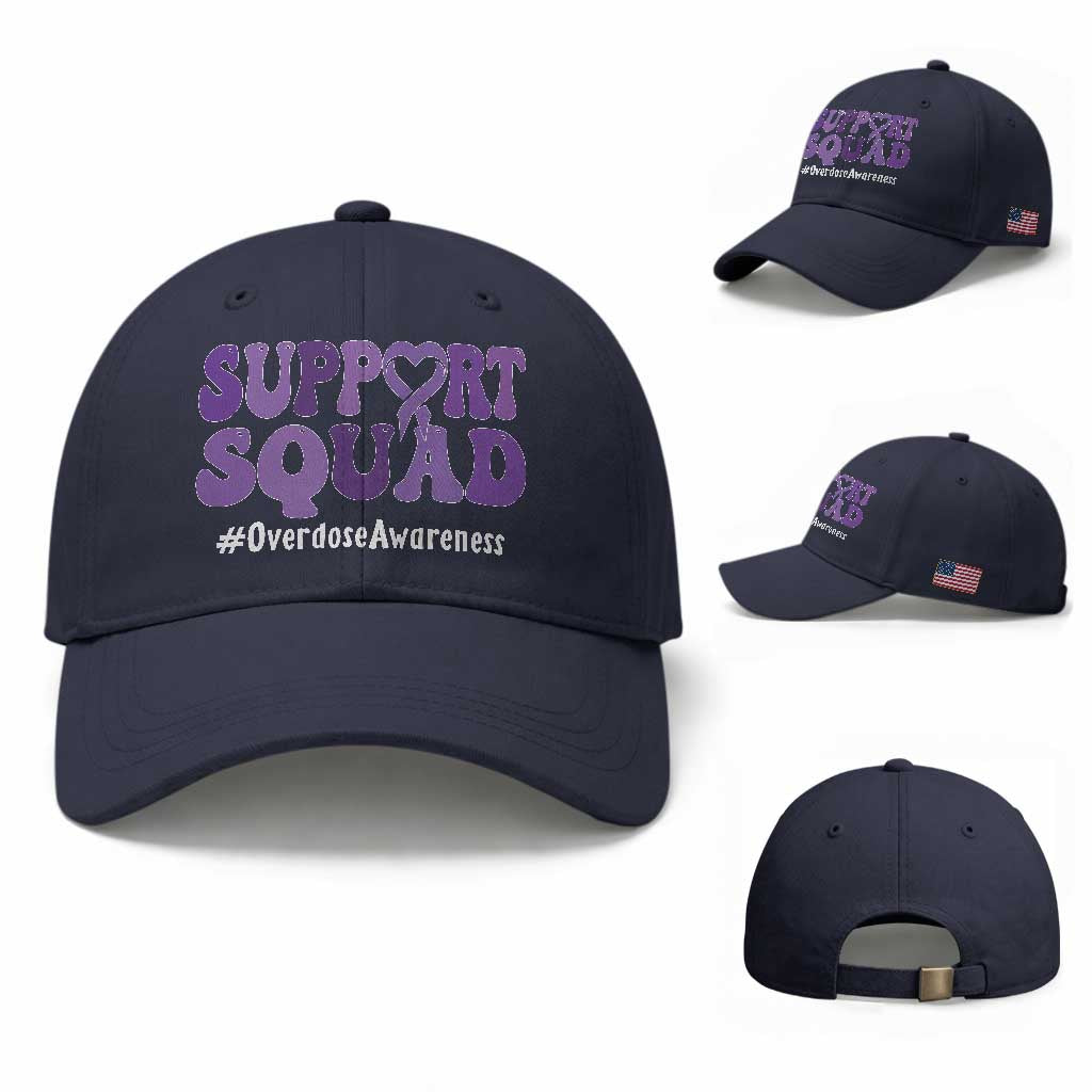 Support Squad Overdose Awareness Baseball Cap Purple Ribbon Groovy Typography Graphic