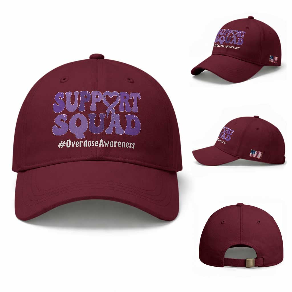 Support Squad Overdose Awareness Baseball Cap Purple Ribbon Groovy Typography Graphic
