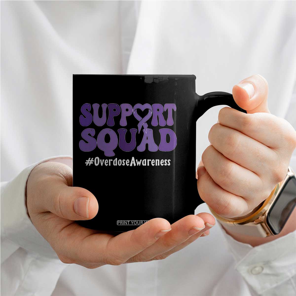 Support Squad Overdose Awareness Coffee Mug Purple Ribbon Groovy Typography Graphic