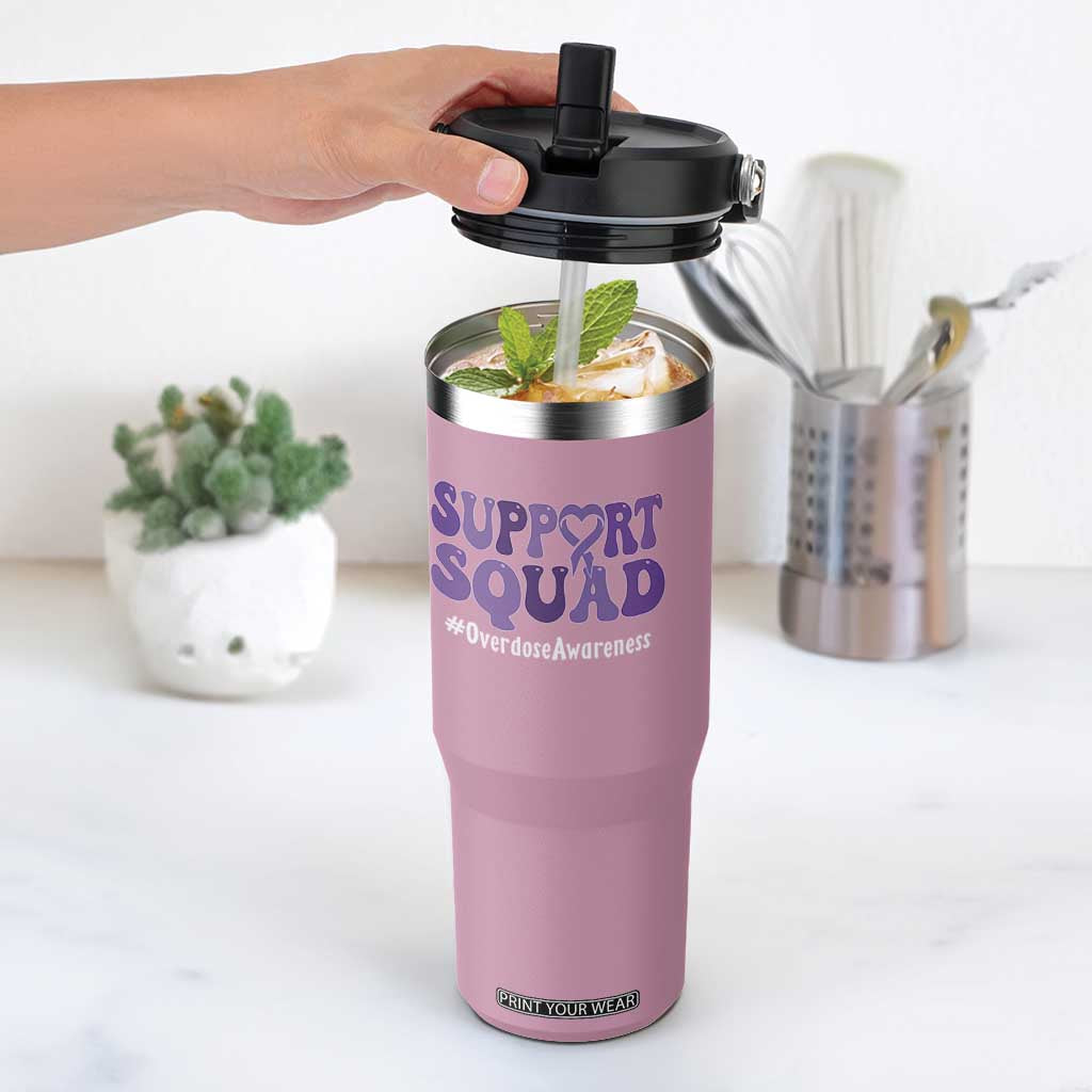Support Squad Overdose Awareness Flip Straw Tumbler Purple Ribbon Groovy Typography Graphic