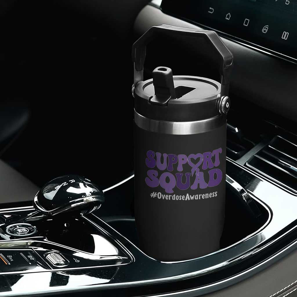 Support Squad Overdose Awareness Flip Straw Tumbler Purple Ribbon Groovy Typography Graphic