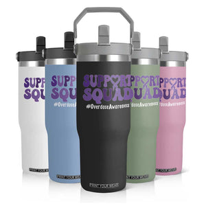 Support Squad Overdose Awareness Flip Straw Tumbler Purple Ribbon Groovy Typography Graphic
