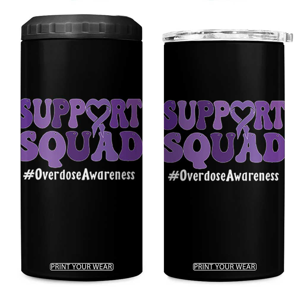 Support Squad Overdose Awareness 4 in 1 Can Cooler Tumbler Purple Ribbon Groovy Typography Graphic