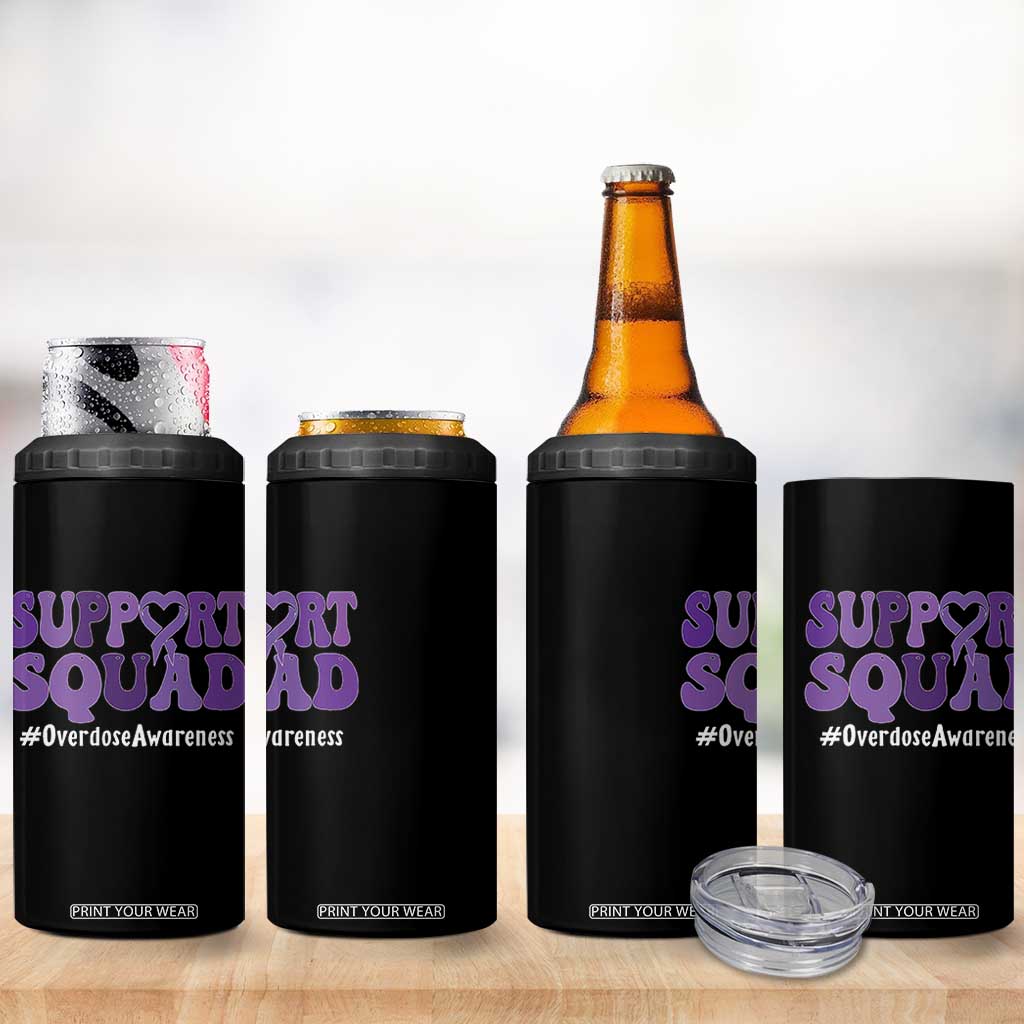 Support Squad Overdose Awareness 4 in 1 Can Cooler Tumbler Purple Ribbon Groovy Typography Graphic