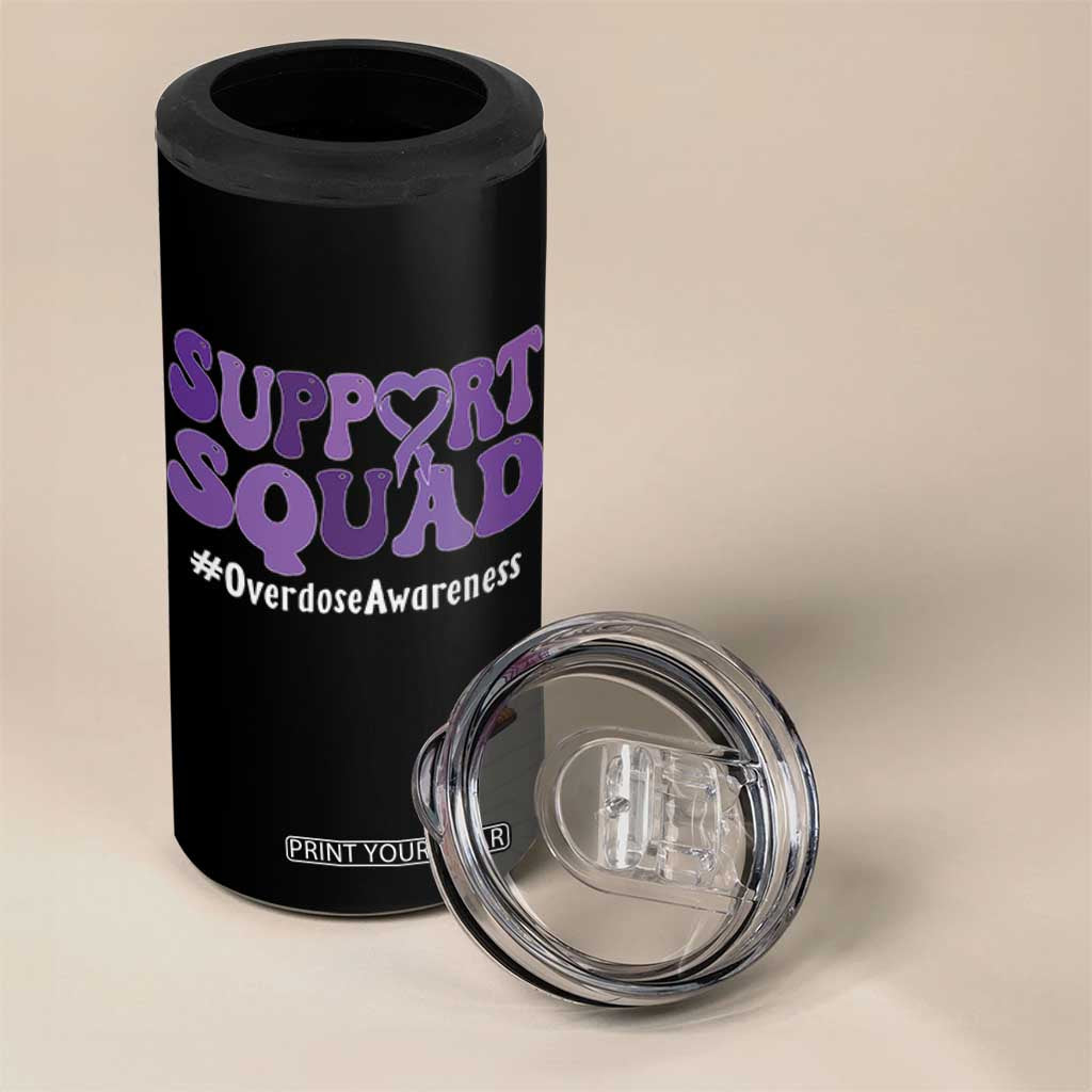 Support Squad Overdose Awareness 4 in 1 Can Cooler Tumbler Purple Ribbon Groovy Typography Graphic