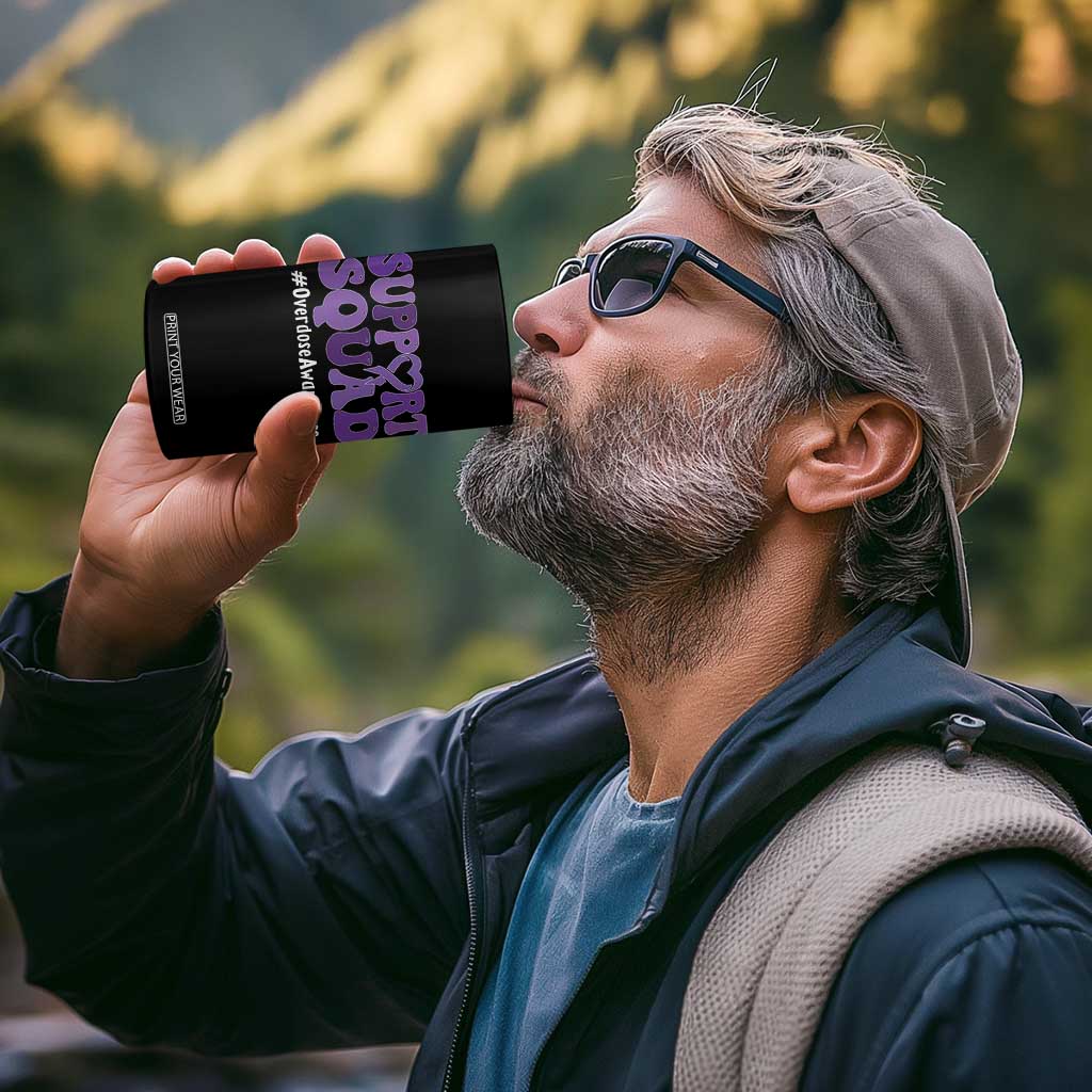 Support Squad Overdose Awareness 4 in 1 Can Cooler Tumbler Purple Ribbon Groovy Typography Graphic