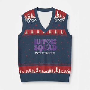 Support Squad Overdose Awareness V-Neck Knit Sweater Vest Purple Ribbon Groovy Typography Graphic