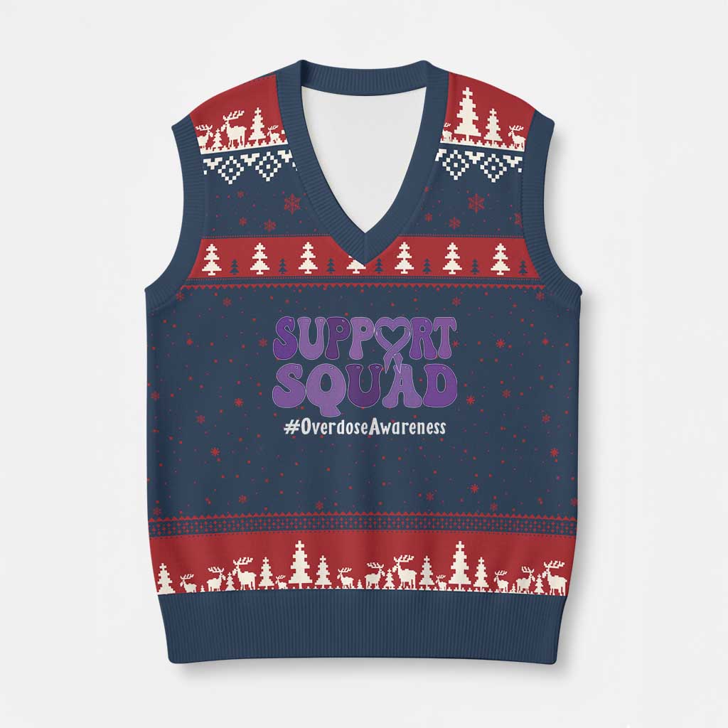 Support Squad Overdose Awareness V-Neck Knit Sweater Vest Purple Ribbon Groovy Typography Graphic TS10 Navy Red Print Your Wear