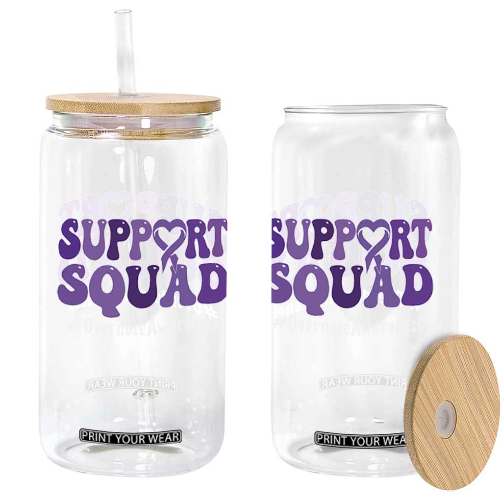 Support Squad Overdose Awareness Glass Can Purple Ribbon Groovy Typography Graphic
