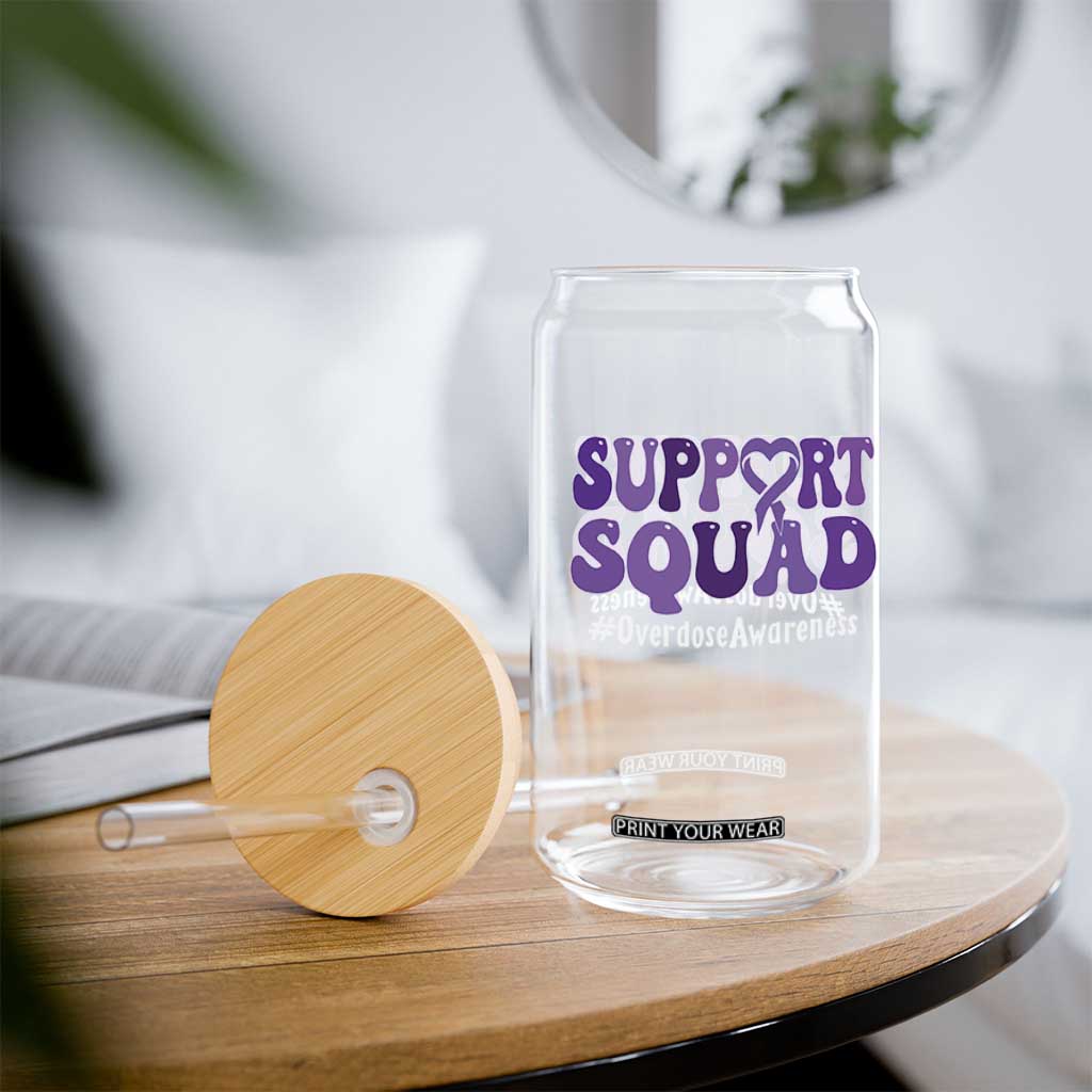 Support Squad Overdose Awareness Glass Can Purple Ribbon Groovy Typography Graphic