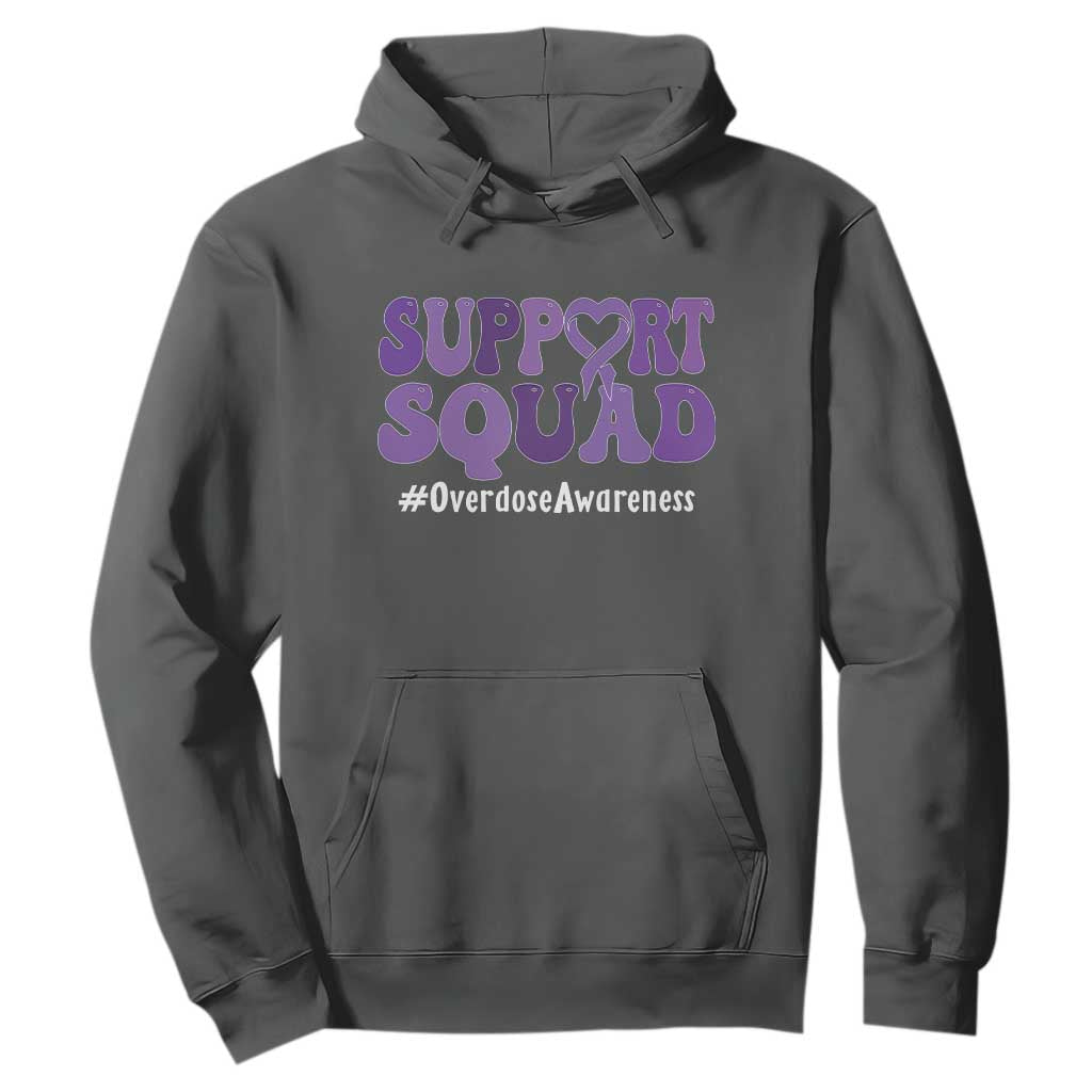 Support Squad Overdose Awareness Hoodie Purple Ribbon Groovy Typography Graphic