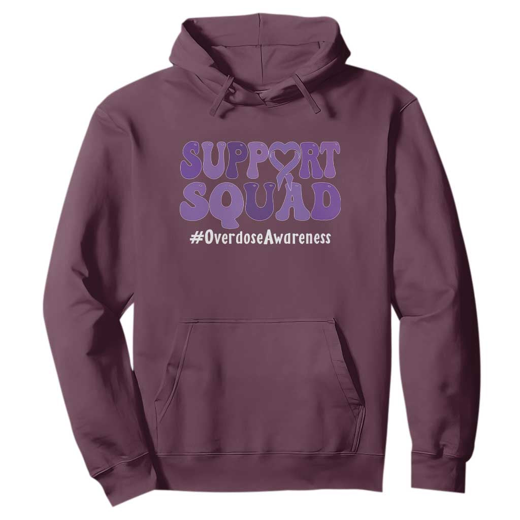 Support Squad Overdose Awareness Hoodie Purple Ribbon Groovy Typography Graphic