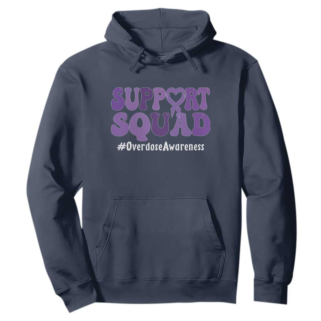 Support Squad Overdose Awareness Hoodie Purple Ribbon Groovy Typography Graphic
