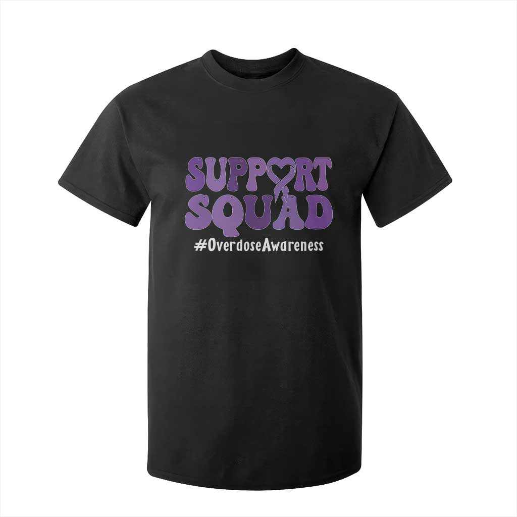 Support Squad Overdose Awareness T Shirt For Kid Purple Ribbon Groovy Typography Graphic