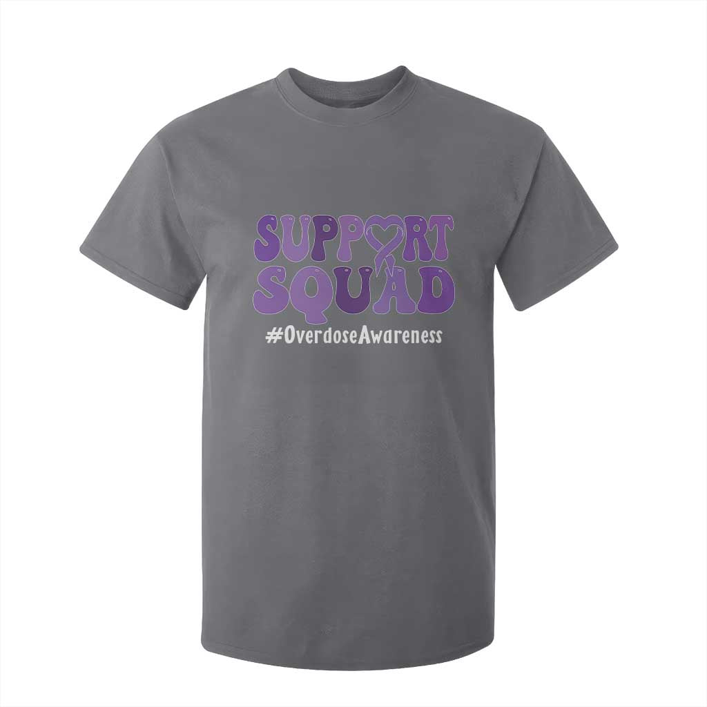 Support Squad Overdose Awareness T Shirt For Kid Purple Ribbon Groovy Typography Graphic