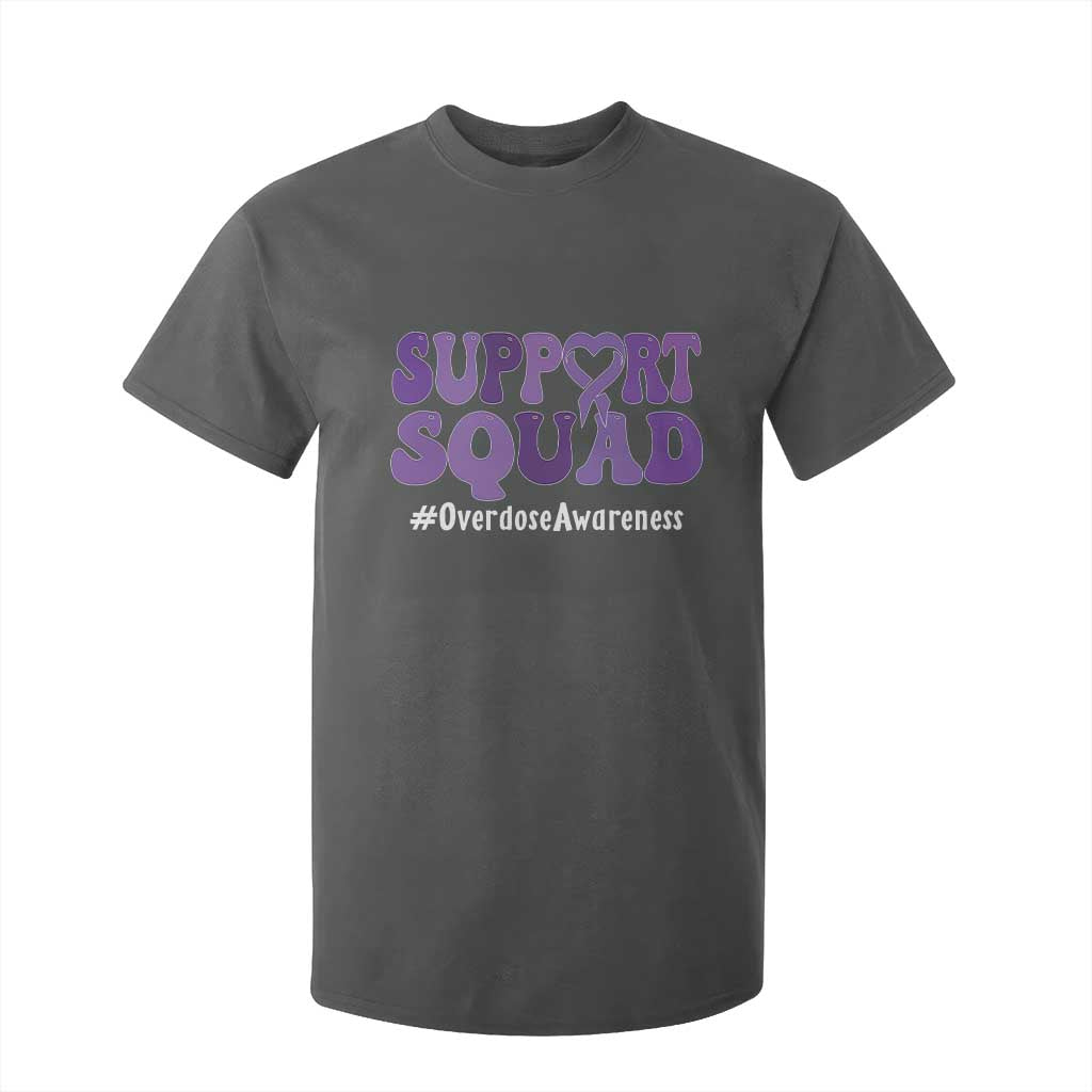 Support Squad Overdose Awareness T Shirt For Kid Purple Ribbon Groovy Typography Graphic
