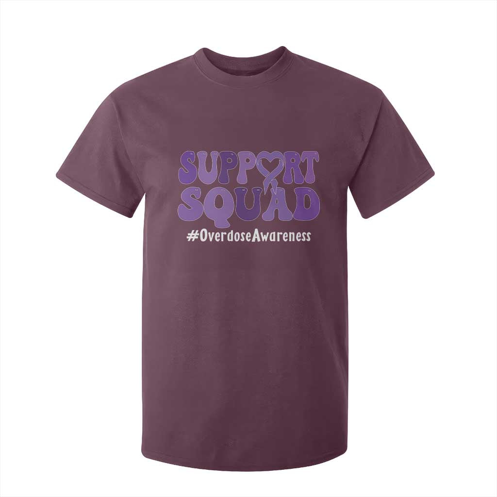 Support Squad Overdose Awareness T Shirt For Kid Purple Ribbon Groovy Typography Graphic