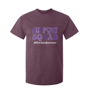 Support Squad Overdose Awareness T Shirt For Kid Purple Ribbon Groovy Typography Graphic