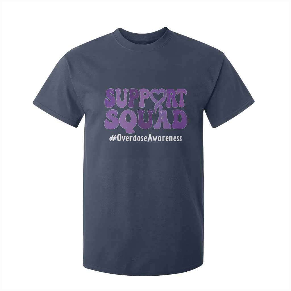 Support Squad Overdose Awareness T Shirt For Kid Purple Ribbon Groovy Typography Graphic
