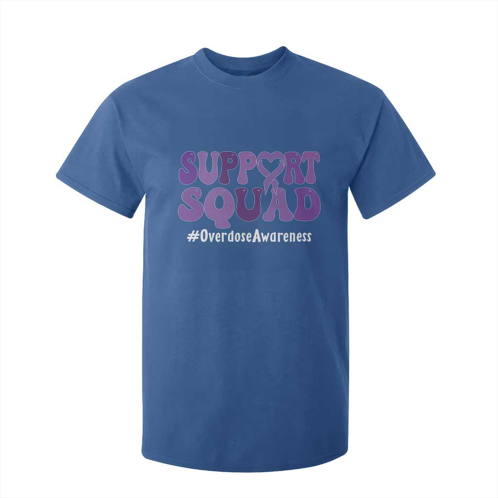 Support Squad Overdose Awareness T Shirt For Kid Purple Ribbon Groovy Typography Graphic