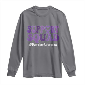 Support Squad Overdose Awareness Long Sleeve Shirt Purple Ribbon Groovy Typography Graphic