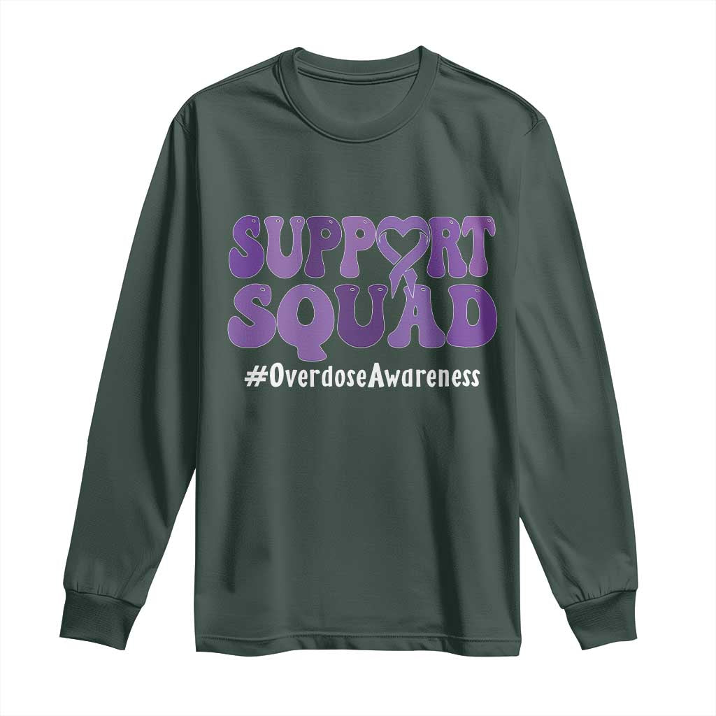 Support Squad Overdose Awareness Long Sleeve Shirt Purple Ribbon Groovy Typography Graphic