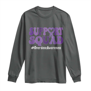 Support Squad Overdose Awareness Long Sleeve Shirt Purple Ribbon Groovy Typography Graphic