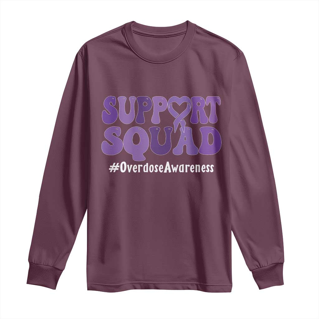 Support Squad Overdose Awareness Long Sleeve Shirt Purple Ribbon Groovy Typography Graphic
