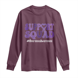 Support Squad Overdose Awareness Long Sleeve Shirt Purple Ribbon Groovy Typography Graphic